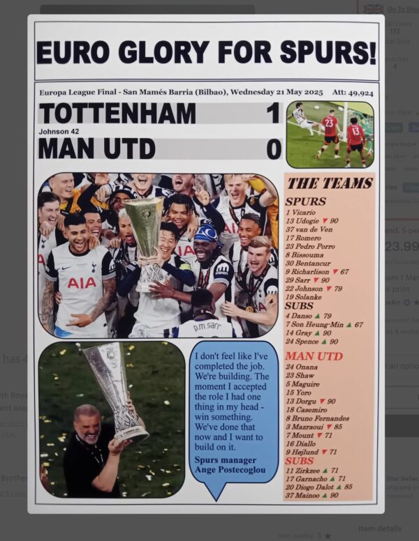 Tottenham 1 Man Utd 0 - 2025 Europa League final Poster